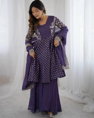 Lavender crunchy silk embroidery work wedding wear salwar suit 3
