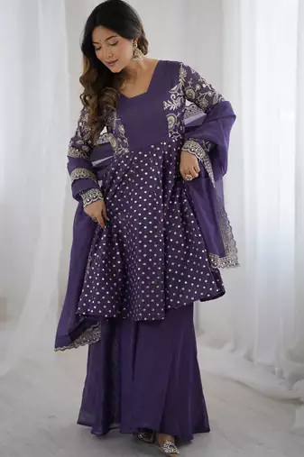 Lavender crunchy silk embroidery work wedding wear salwar suit