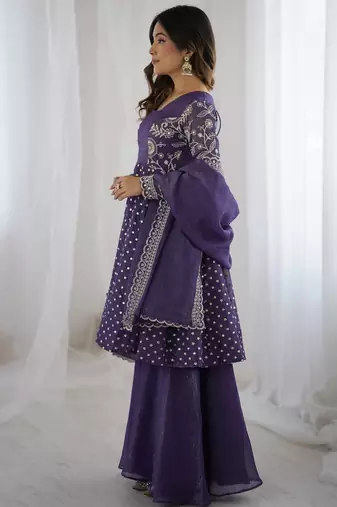 Lavender crunchy silk embroidery work wedding wear salwar suit