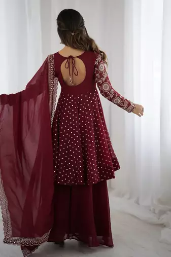 Maroon crunchy silk embroidery work wedding wear salwar suit