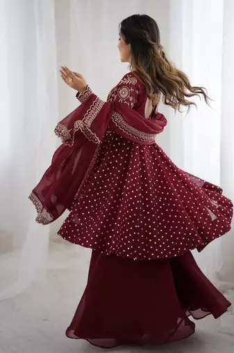 Maroon crunchy silk embroidery work wedding wear salwar suit