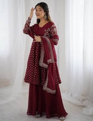 Maroon crunchy silk embroidery work wedding wear salwar suit 5