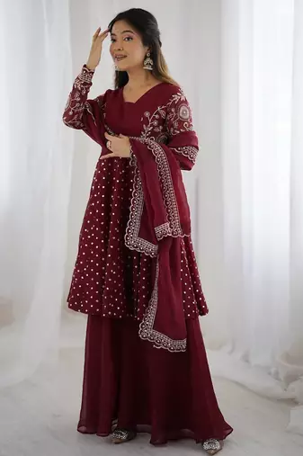 Maroon crunchy silk embroidery work wedding wear salwar suit