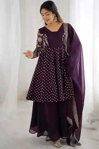 Violet color crunchy silk embroidery work wedding wear salwar suit