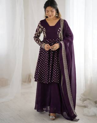 Violet crunchy silk embroidery work wedding wear salwar suit 4