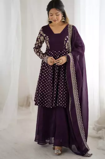 Violet crunchy silk embroidery work wedding wear salwar suit