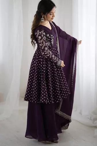 Violet crunchy silk embroidery work wedding wear salwar suit