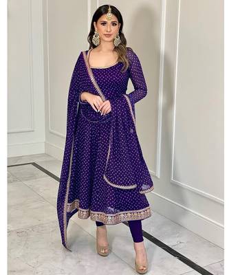 Purple bandhni print with embroidery work functional wear gown 1