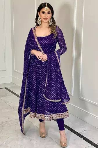 Purple color bandhni print with embroidery work functional wear gown