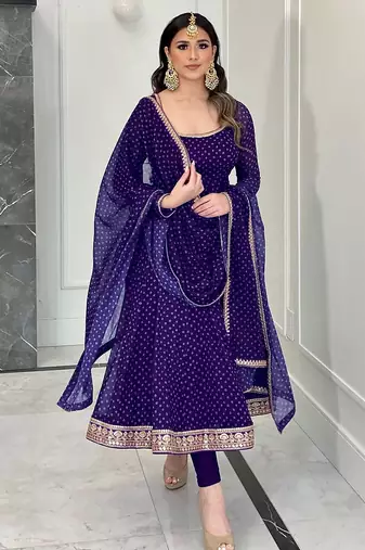 Purple bandhni print with embroidery work functional wear gown