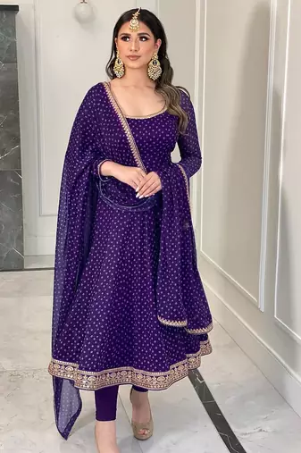 Purple bandhni print with embroidery work functional wear gown