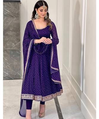 Purple bandhni print with embroidery work functional wear gown 4
