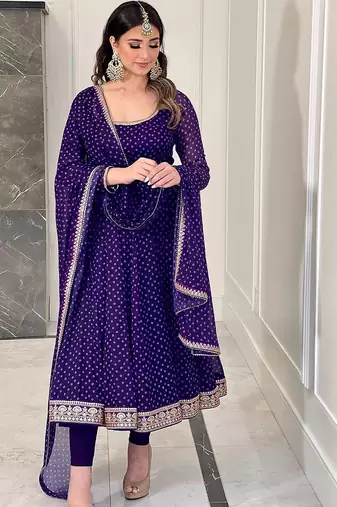 Purple bandhni print with embroidery work functional wear gown