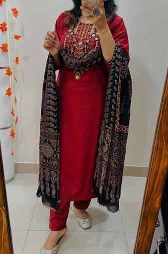  women pure cotton embroidered red kurta with pant and dupatta