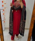 Red Women Pure Cotton Embroidered Kurta With Pant And Dupatta