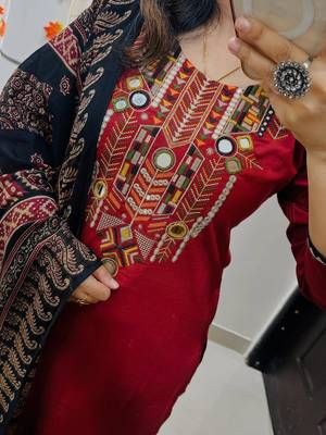 Red Women  Cotton Embroidered Kurta With Pant And Dupatta 3