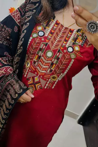 Red Women  Cotton Embroidered Kurta With Pant And Dupatta