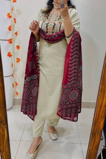  women pure cotton embroidered cream kurta with pant and dupatta
