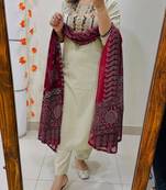 Cream Women Pure Cotton Embroidered Kurta With Pant And Dupatta