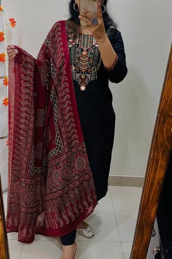  women pure cotton embroidered black kurta with pant and dupatta