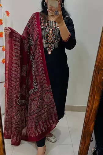  women pure cotton embroidered black kurta with pant and dupatta