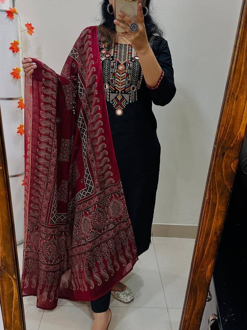  women pure cotton embroidered black kurta with pant and dupatta
