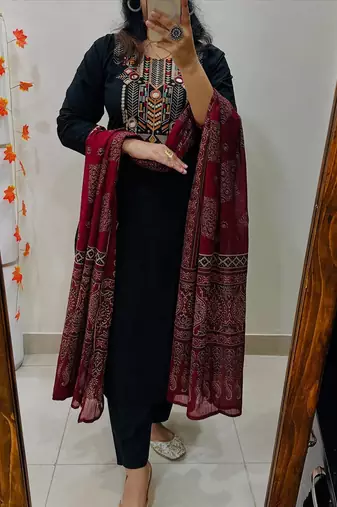 Black Women  Cotton Embroidered Kurta With Pant And Dupatta