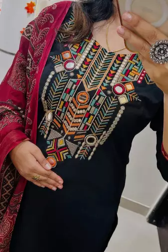 Black Women  Cotton Embroidered Kurta With Pant And Dupatta