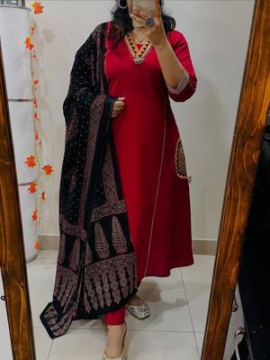 Red Women  Cotton Embroidered Kurta With Pant And Dupatta 1