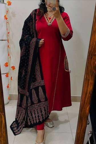  women pure cotton embroidered red kurta with pant and dupatta