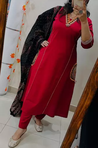 Red Women  Cotton Embroidered Kurta With Pant And Dupatta