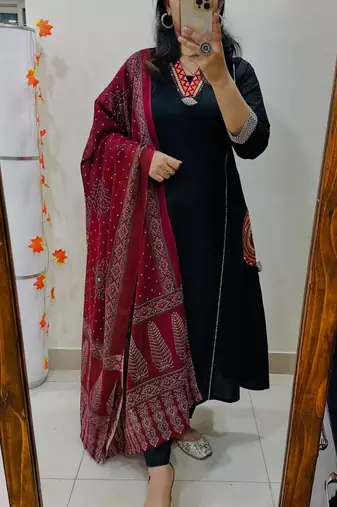  women pure cotton embroidered red kurta with pant and dupatta