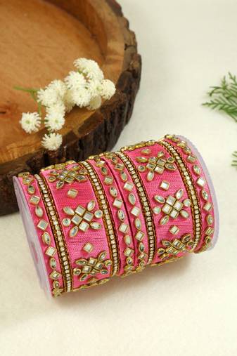 Gold plated traditional silk thread handcrafted mirror work embellishments bangles chuda bangle set for bridal