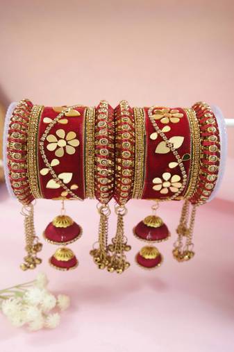 Gold plated traditional velvet matching embellishments work & latkan detailing bangles chuda bangle set for bridal