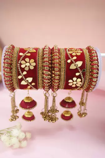 Gold plated traditional velvet matching embellishments work & latkan detailing bangles chuda bangle set for bridal