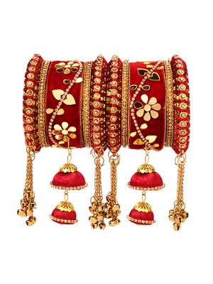 Gold plated traditional velvet matching embellishments work & latkan detailing bangles chuda bangle set for bridal 3