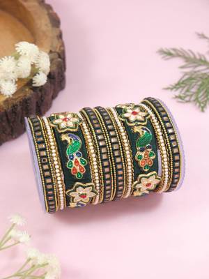 Gold plated traditional silk thread handcrafted meenakari peacock motif bangles chuda bangle set for bridal 1