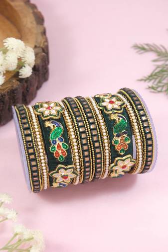 Gold plated traditional silk thread handcrafted meenakari peacock motif bangles chuda bangle set for bridal