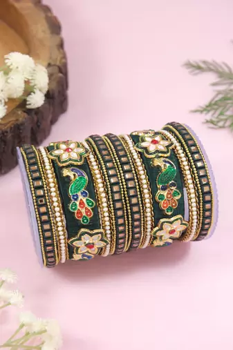 Gold plated traditional silk thread handcrafted meenakari peacock motif bangles chuda bangle set for bridal