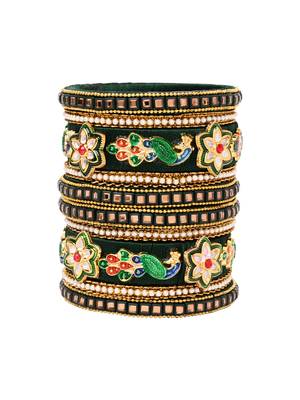 Gold plated traditional silk thread handcrafted meenakari peacock motif bangles chuda bangle set for bridal 2
