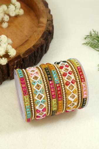 Gold plated traditional silk thread handcrafted vibrant multicolor embellished bangles chuda bangle set for bridal