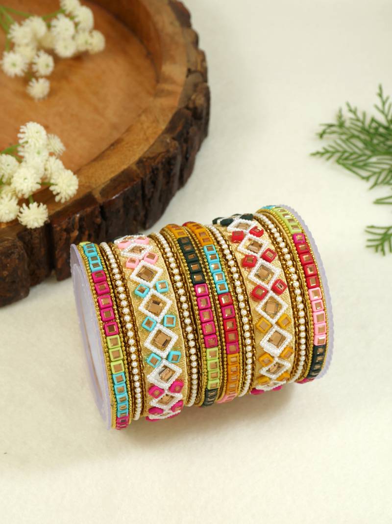 Gold plated traditional silk thread handcrafted vibrant multicolor embellished bangles chuda bangle set for bridal