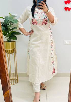 White Women Cotton Embroidered Kurta With Pant 1