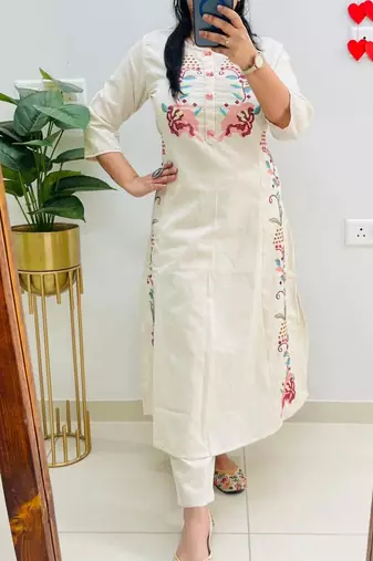  women pure cotton embroidered white kurta with pant