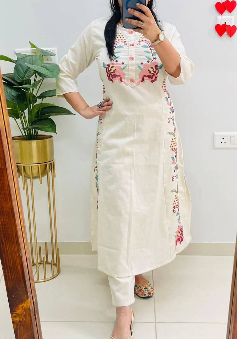  women pure cotton embroidered white kurta with pant