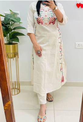 White Women Cotton Embroidered Kurta With Pant 2