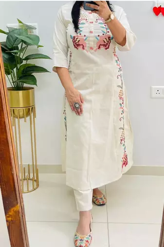 White Women  Cotton Embroidered Kurta With Pant