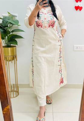 White Women Cotton Embroidered Kurta With Pant 3