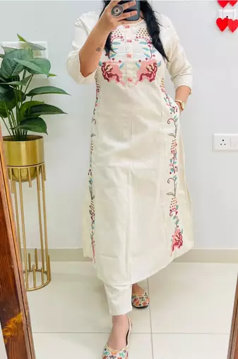 White Women  Cotton Embroidered Kurta With Pant