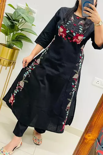 Black Women  Cotton Embroidered Kurta With Pant